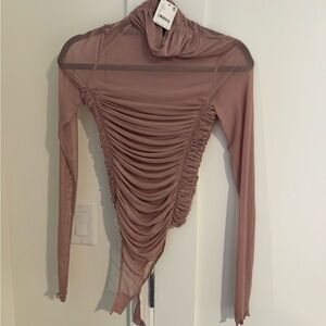 Ruched Long Sleeve Mesh Top - Mauve